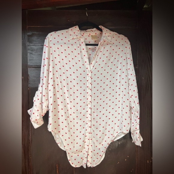 Japna Tops - Japna white heart button down shirt waist tie lightweight size medium